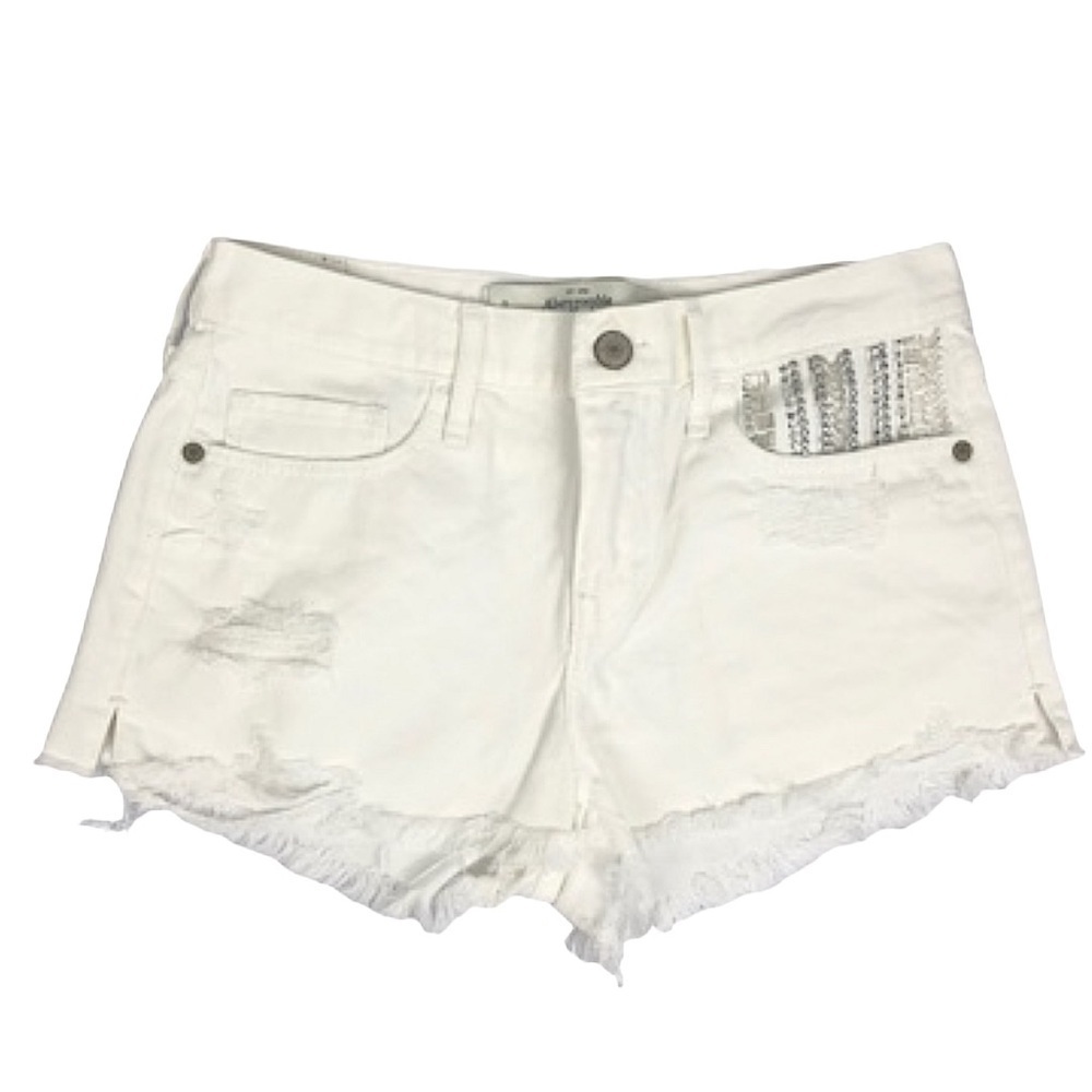 Abercrombie & Finch White Denim Distressed Beaded Cutoff Raw Hem‎ Micro Shorts 0